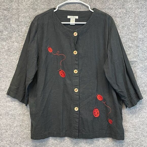NATALIE & ME Ladybug Top Linen 1X Black Red Painted Wood Buttons EUC Vintage - Picture 1 of 12